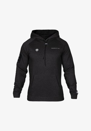 Černá mikina s kapucí, která má přední klokaní kapsu, stahovací kapuci a logo detaily. Vyrobena z měkké, texturované látky s žebrovanými manžetami.