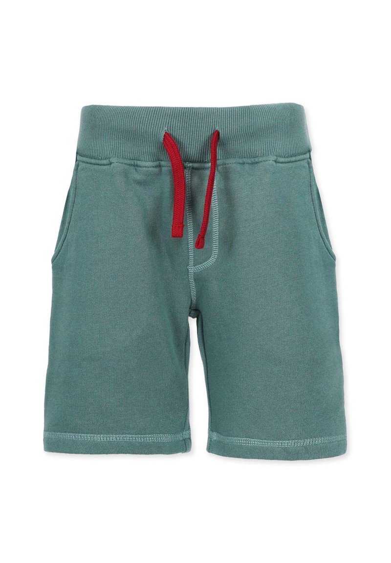 Gröna bomullsshorts med en texturerad yta, elastisk midja, röd dragsko, två sidofickor och synliga sömmar.