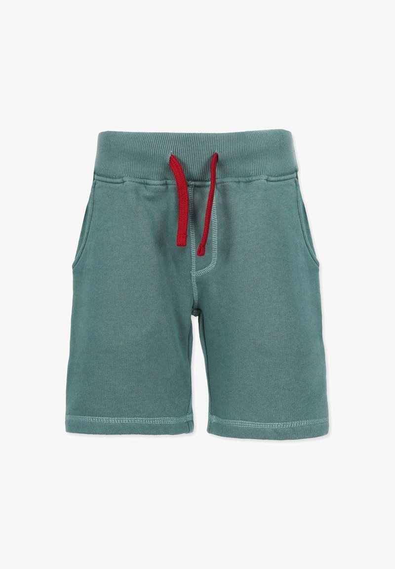 Gröna bomullsshorts med en texturerad yta, elastisk midja, röd dragsko, två sidofickor och synliga sömmar.