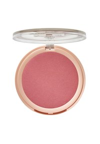 Compact de blush rond avec un couvercle transparent. La poudre est d'une douce teinte rose avec une finition légèrement scintillante. Le compact présente une surface lisse.