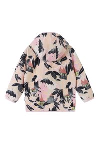Fleece jacket with a hood, featuring a pastel pink base and a playful design of birds, leaves, and house patterns in black and beige.