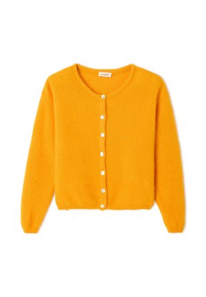 Bright yellow cardigan made from soft knit material, featuring a rounded neckline and six white buttons down the front.