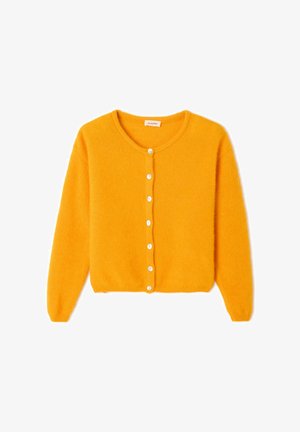 Bright yellow cardigan made from soft knit material, featuring a rounded neckline and six white buttons down the front.