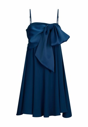 Abito blu navy con spalline sottili, dotato di un corpo aderente e una gonna ampia. Grande dettaglio a fiocco in vita. Realizzato in tessuto liscio.