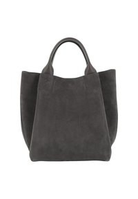 Dark gray suede tote bag with short leather handles, trapezoid shape, and structured sides on a white background.