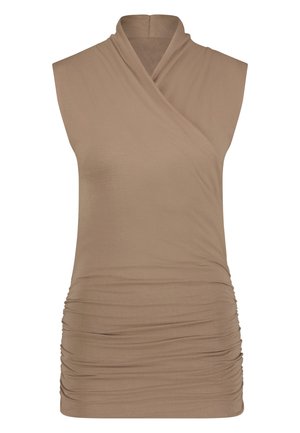Beige ärmelloses Oberteil mit Wickeldesign, aus weichem, elastischem Stoff und geraffter Textur an der Seite für zusätzliche Details.