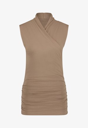 Beige ärmelloses Oberteil mit Wickeldesign, aus weichem, elastischem Stoff und geraffter Textur an der Seite für zusätzliche Details.