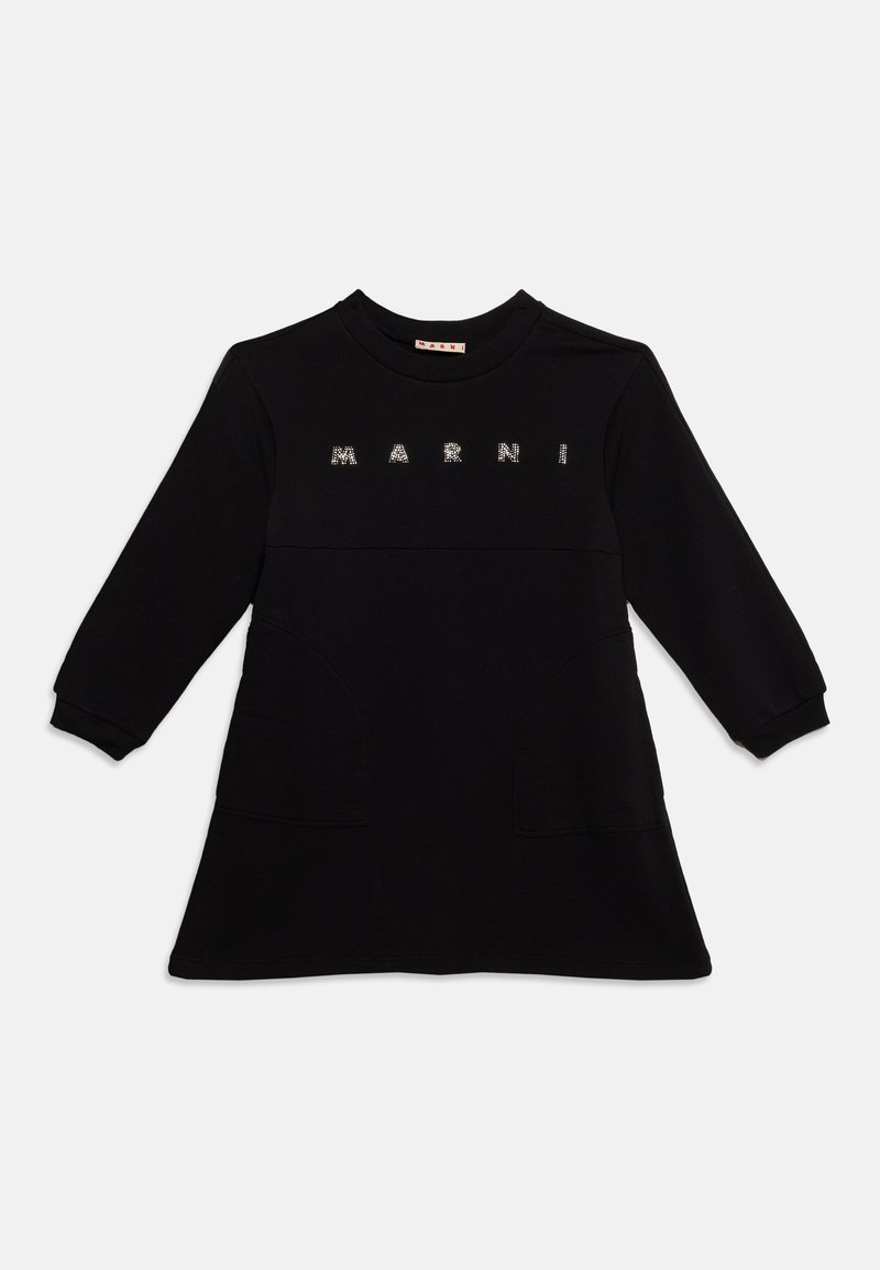 Robe noire à manches longues pour tout-petit avec col rond et "MARNI" épelé en petits strass sur la poitrine.
