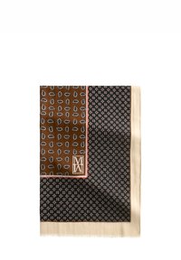 Brązowy i granatowy szalik w wzory, z motywami paisley i geometrycznymi, o miękkiej teksturze z beżowym frędzlem.