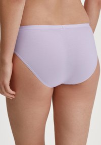 Lila katoenen ondergoed met een gladde textuur, minimale stiksels en een medium-hoge tailleband, gezien van de achterkant.