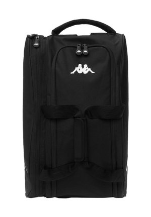 Zaino nero realizzato in tessuto resistente, con un comparto principale, doppie cerniere e un logo bianco. Include cinghie regolabili e dettagli laterali.