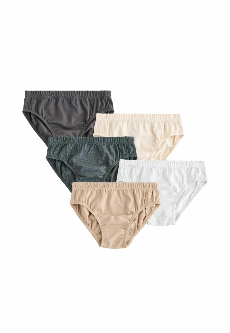 Vijf paar damesonderbroeken in verschillende kleuren: donkergrijs, donkergroen, beige, wit en lichtbeige. Zacht, rekbaar materiaal, ontwerp met volledige bedekking.