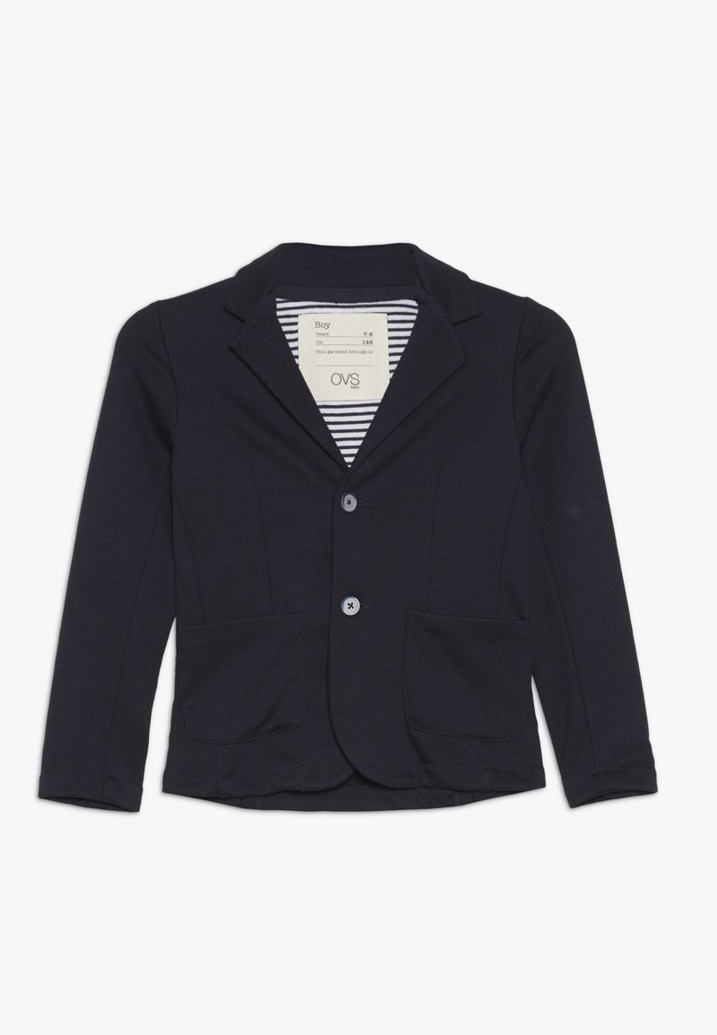 Blazer blu navy realizzato in tessuto elasticizzato, con rever a punta, due tasche frontali e due bottoni per la chiusura. Fodera interna a righe.