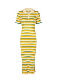 Robe à rayures avec des nuances de jaune, vert et bleu clair, dotée d'un col polo, de manches courtes, d'une texture côtelée et d'une fente latérale.