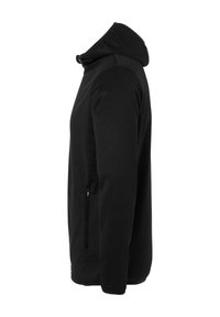 Felpa nera con cappuccio, dal tessuto morbido, con tasca laterale con zip e design aderente. Presenta un colletto alto e maniche lunghe.