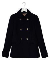 Marine peacoat med krave, dobbeltlæbet design, guldknapper, flap-lommer og strukturerede skuldre. Fremstillet af en uldblanding.