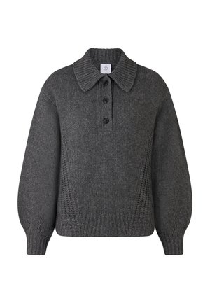 Dark gray chunky knit sweater with a wide collar, three black buttons, ribbed cuffs, and textured knit pattern on the sides and hem.