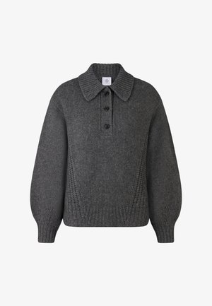 Dark gray chunky knit sweater with a wide collar, three black buttons, ribbed cuffs, and textured knit pattern on the sides and hem.