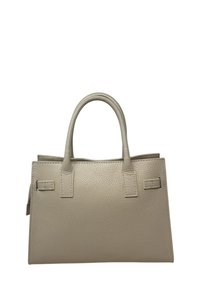 Beżowa torebka ze skórzanym wzorem, z dwoma zaokrąglonymi uchwytami i prostokątnym kształtem, przedstawiona na białym tle.