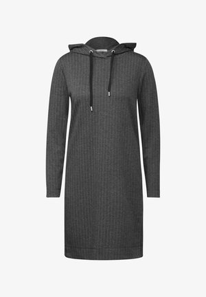 Abito con cappuccio grigio scuro, caratterizzato da maniche lunghe, righe verticali, dettagli con cordoncini e una vestibilità comoda. Realizzato in tessuto morbido.