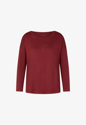 Langshemd, bordeauxkleurige vrouwen top met een ronde halslijn en een kleine, subtiele stippenpatroon in het midden van de borst.