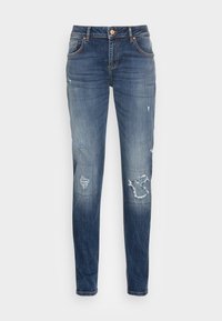 Denimjeans i en medelblå tvätt med en blekt utseende, med slitna partier och rak ben-design. Klassisk femficksstil.