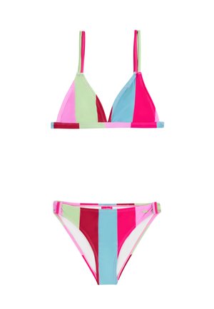 Bikiniset met een triangelbeha en hoge slip, met verticale strepen in roze, rood, groen en blauw op een witte achtergrond.