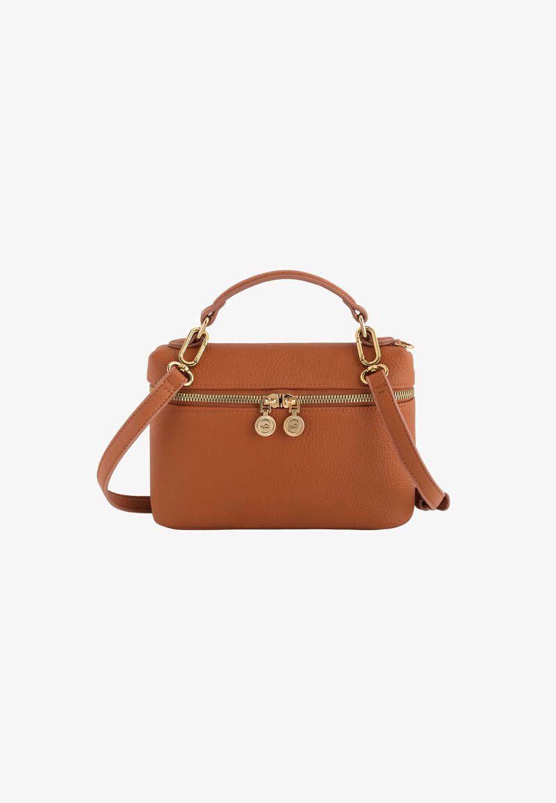 Geantă de mână din piele maro, cu o formă structurată, accesorii din aur, închidere cu două fermoare și un curea de umăr detașabilă. Suprafață texturată.