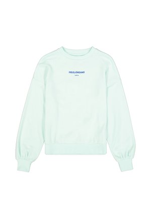 Sweatshirt vert menthe clair à manches longues avec poignets et ourlet côtelés, avec le texte bleu « FIELD of DREAMS GARCIA » sur la poitrine.