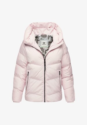 Rosa Puffjacke mit Kapuze, Reißverschluss, seitlichen Taschen und gemustertem Futter. Besitzt ein gestepptes Design und eine weiche Textur.