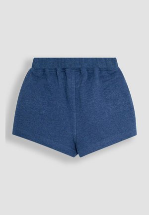 Tumedast sinisest puuvillast lühikesed püksid pehme tekstuuriga, elastse vöökohtaga ja klassikalise, lihtsa disainiga. Taskud või dekoratiivsed aktsendid ei ole nähtavad.