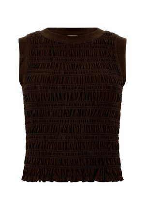 Top fără mâneci de culoare maro, cu un design texturat, pliat și cu un tiv ondulat. Prezintă un guler rotund și secțiuni elasticizate pentru confort.