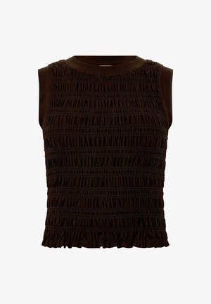 Ruskea hihaton toppi, jossa on teksturoitu, rypytetty muotoilu ja alternatiivinen helma. Sisältää pyöreän kaula-aukon ja joustavat osat venyvyyden takaamiseksi.