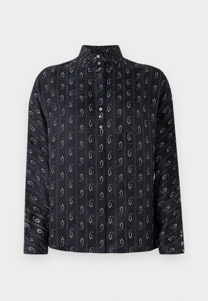 Camicia a maniche lunghe in tessuto blu navy scuro con colletto alto, chiusura a bottoni e un motivo paisley ripetuto bordato di bianco.