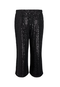 Pantalones negros con lentejuelas, con una cinturilla elástica, que presentan una superficie texturizada y un largo recortado, ideales para ocasiones festivas.