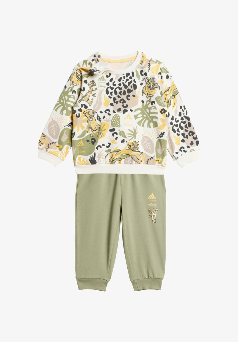Completo felpa e pantaloni con una base crema chiara e stampe di animali colorate, prevalentemente verdi e gialle; tessuto morbido, vita elasticizzata.