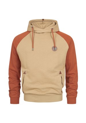 Felpa con cappuccio beige con maniche raglan arancioni, dotata di un cordoncino, tasche laterali e un logo circolare sul petto.