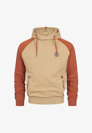 Hoodie beige dengan lengan raglan oranye, dilengkapi tali serut, saku samping, dan logo bulat di dada.