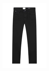 Jeans de denim negro con un corte ajustado, que cuentan con cinco bolsillos, un cierre frontal con botón y detalles de costura sutiles. Textura suave, diseño clásico.