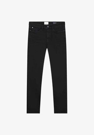 Zwarte denim jeans met een slim fit, voorzien van vijf zakken, een sluiting met knoop aan de voorkant en subtiele stikseldetails. Zachte textuur, klassiek ontwerp.