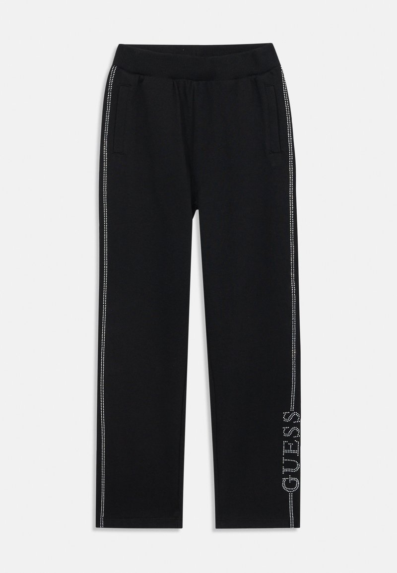 Schwarze Jogginghose mit seitlichen Taschen, elastischem Bund, silbernen Details an der Seite und Logo-Applikation nahe dem Saum.