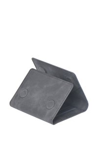 Gray leather wallet with a textured surface, featuring a triangular design and two circular snaps. Interior includes card slots and a smooth lining.