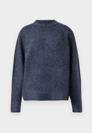 Maglione blu navy realizzato in tessuto a maglia testurizzato, caratterizzato da un collo alto e maniche lunghe con una vestibilità rilassata. Design semplice e minimalista.