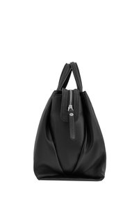 Sac à main en cuir noir avec une finition texturée, un design froncé et une fermeture éclair en haut. Doté de deux poignées courtes et d'une silhouette structurée.