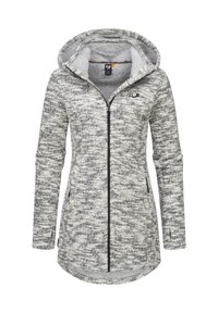 Fleecová mikina s kapucňou v sivej farbe s čiernymi akcentmi. Má plný zips, kapucňu a dlhé rukávy s bočnými vreckami. Štruktúrovaný vzor látky.