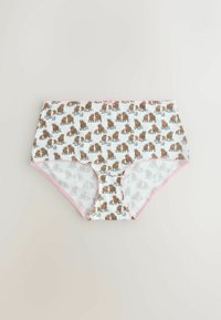 Sous-vêtements blancs taille haute pour enfants, ornés d'un motif d'ours brun et floral, bordés de contours rose pâle avec un petit nœud rose au centre de la ceinture.