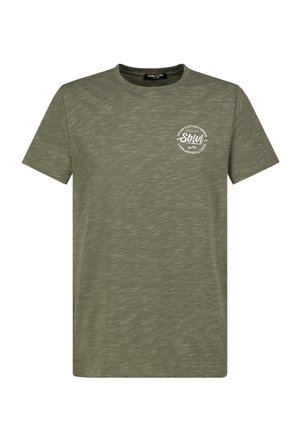 Olive green short-sleeve t-shirt made of textured fabric, featuring a circular white logo on the left chest. Classic crew neck design.