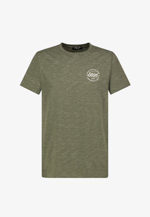 Olive green short-sleeve t-shirt made of textured fabric, featuring a circular white logo on the left chest. Classic crew neck design.