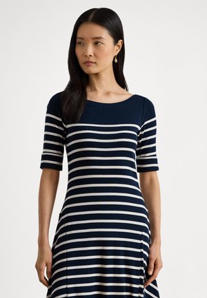STRIPED COTTON RIB-KNIT MIDI DRESS - Rochie din jerseu - lauren navy/mascarpone cream