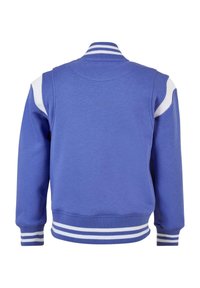 Blå sweatshirt med vita ribbade detaljer, med rund halsringning, långa ärmar och randiga kanter vid ärmslut och nederkant. Slät textur.